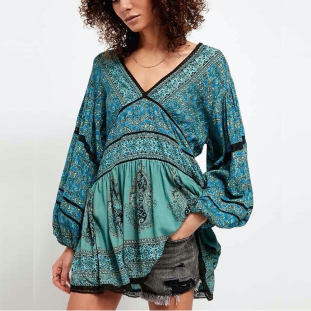 Free People Luna Scarf Print Tunic Blue Combo